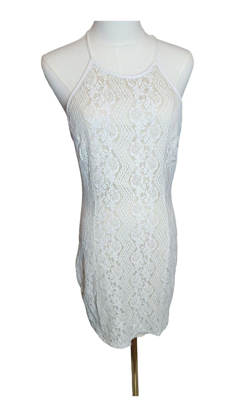 Daily Special White Lace Halter Mini Dress Size L Open Keyhole Mesh Back Bodycon